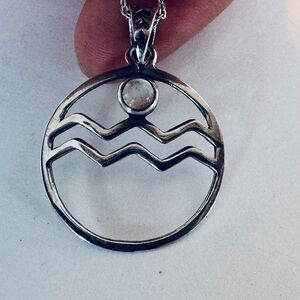 Aquarius Symbol Sterling Silver 925 Pendant Necklace with Chain and Moon Stone